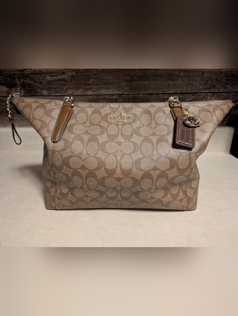 Coach Ava 23526 Signature Khaki Saddle Leather Tote/Shoulder Bag XL Tan/Brown